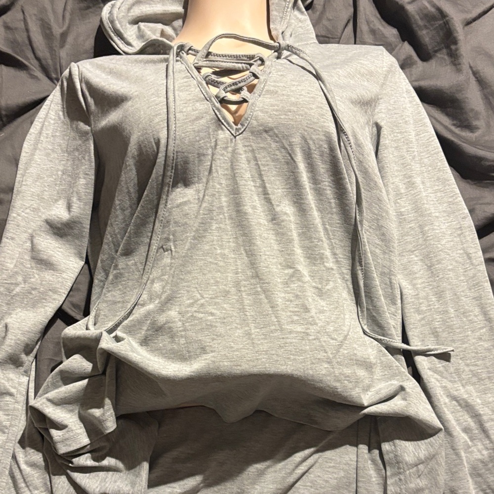 Gray Lace-Up Hoodie Top